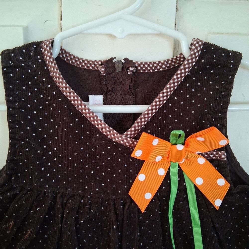 Bonnie Baby Corduroy Polka Dot Thanksgiving Jumper Dress w/Ribbon Embellishments - Picture 2 of 12